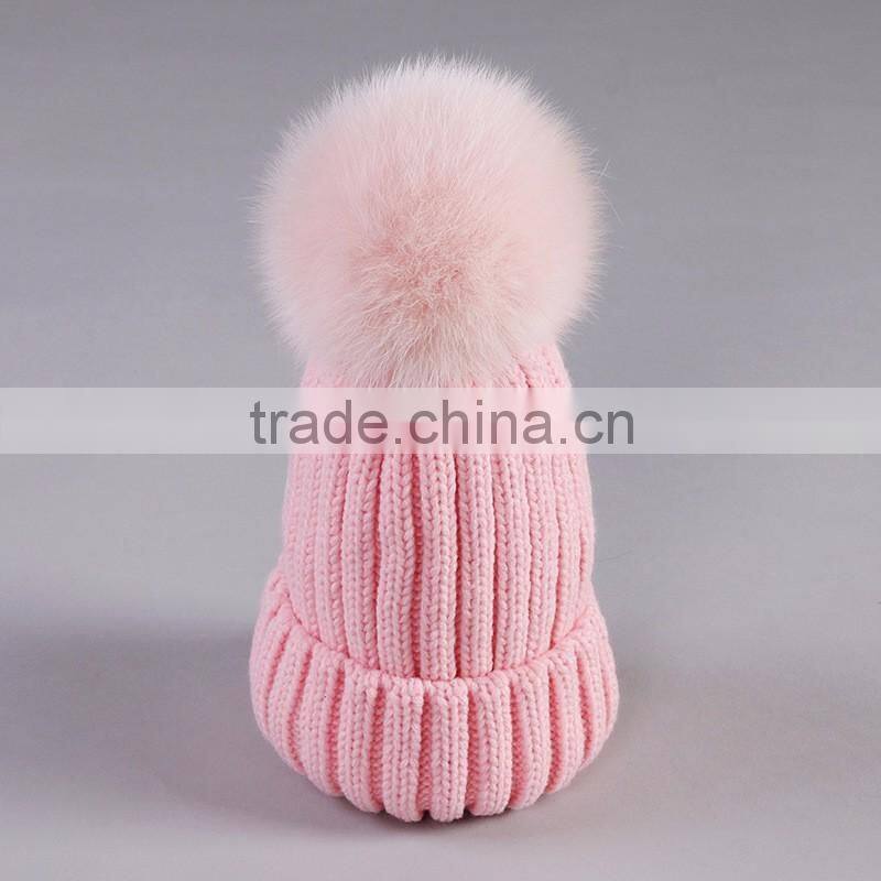 Winter Fashion Big Size Real Fox Fur Pompom Knitted Lady Wool Cap