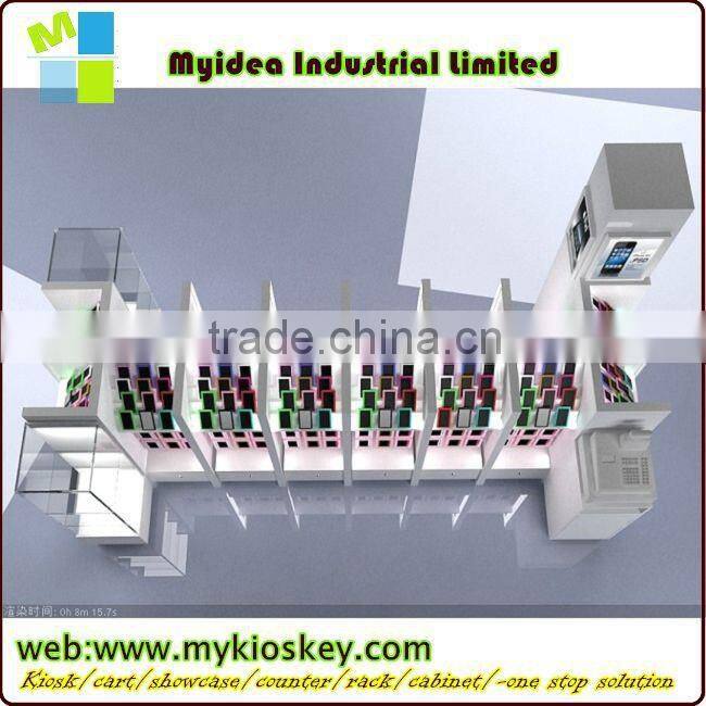 New design hot sale tempered glass wood cell phone kiosk for cell phone shop cellphone store display fixture