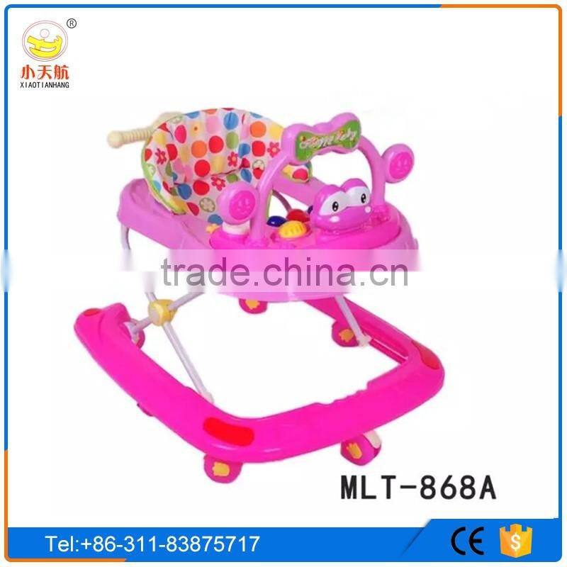 Cheap plastic wheels baby walker with 8 swivel wheels and adjustable pusher