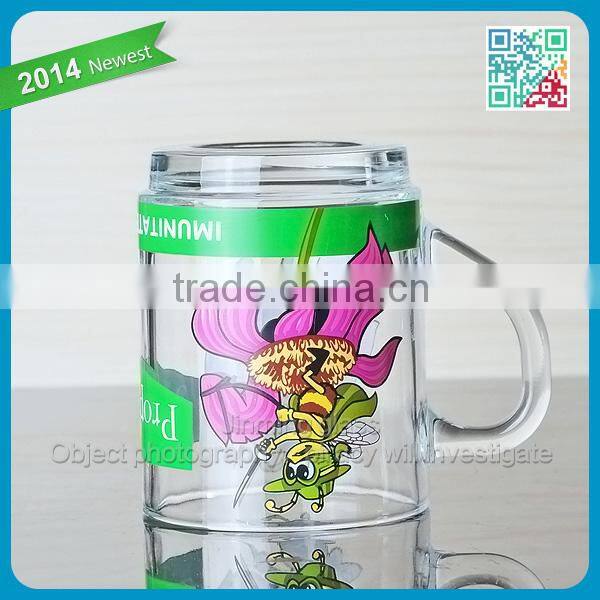 Branded Decorative Juice Cup Glasses Promotional Lovely Juice Cup Glass Mug with Handle Kids Favor Cartoon Logo Beverage Glass