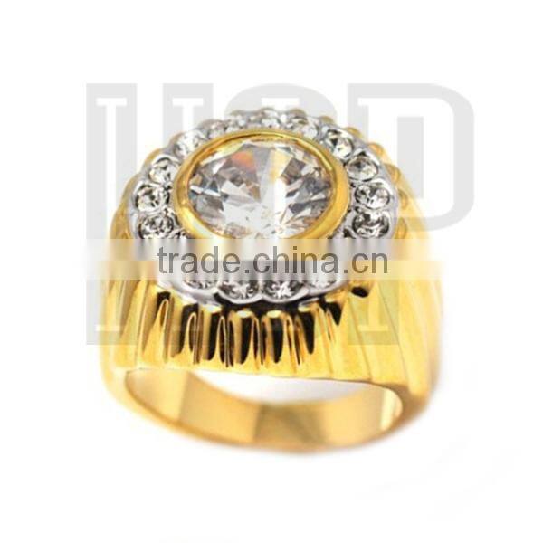 Men's Gold Bling Big Diamond Crystal Center Iced Out Ring