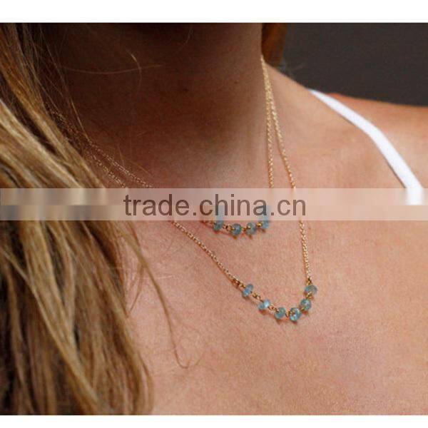 blue crystal beads simple sexy gold plated necklace