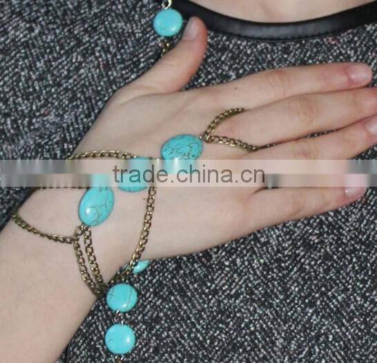 Trendy Boho Finger Ring Turquoise Harness Slave Chain Hand Bracelet