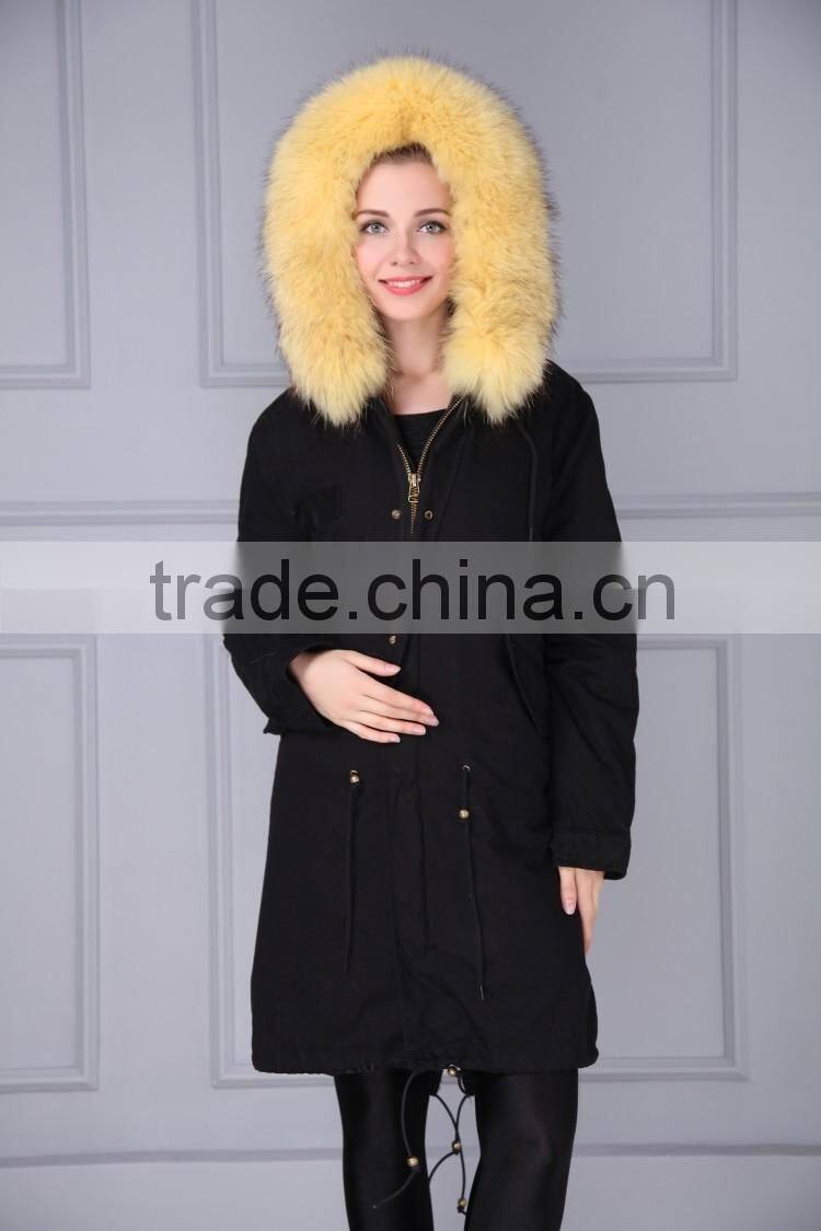 Brand fashion womens genuine fox fur lining parka with raccoon fur hood
