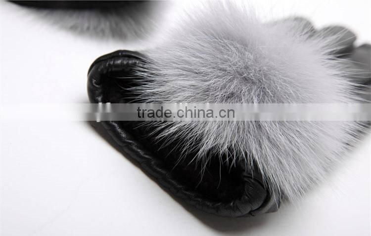 Delicate Sheep Fur Leather Gloves With Blue Fox Fur Pompom Flannelette Inside