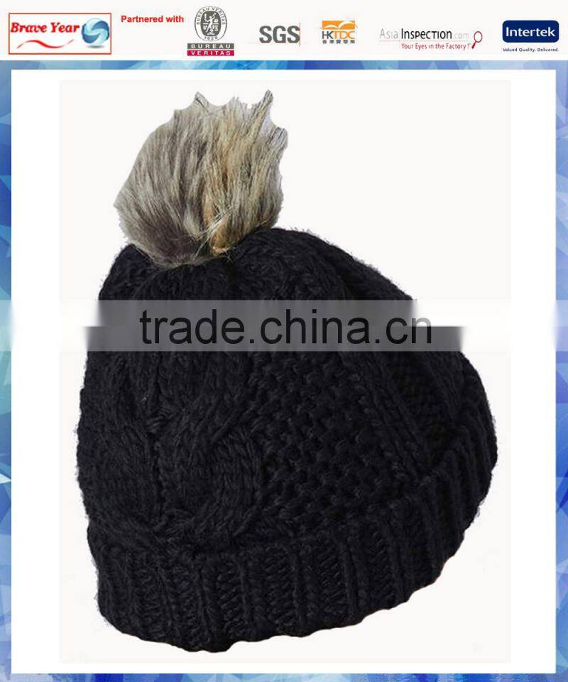 Black chunky cable knit hat/custom pom pom beanies/fur pom pom beanie