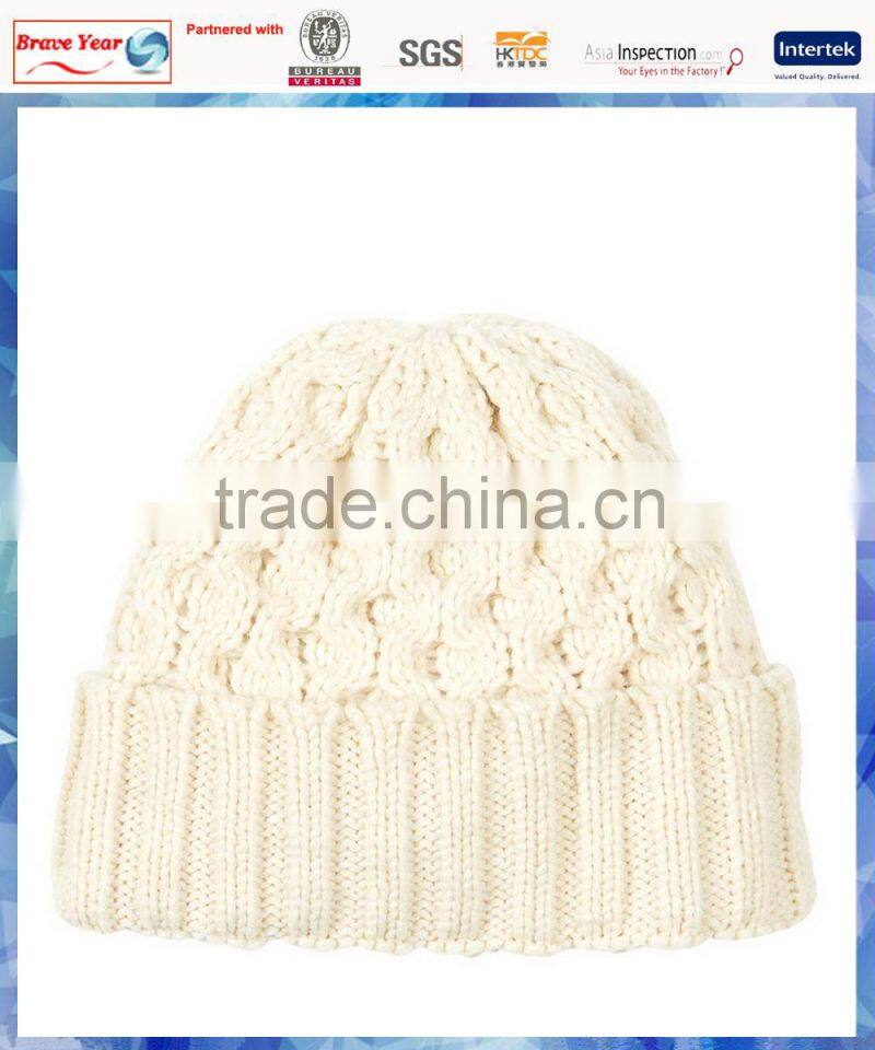white circles cable knit fashion hat beanie with ribbed turn-up