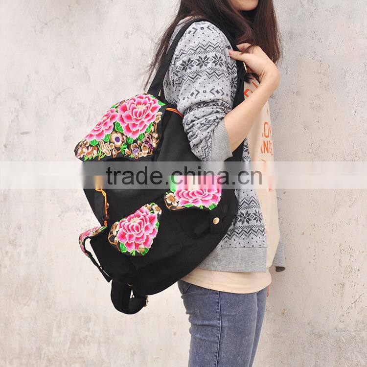 China ethnic embroidery woman canvas hiking backpack