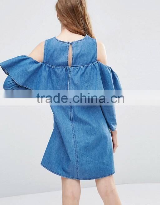 Shift Denim Dress with Cold Shoulder and Ruffle Detail