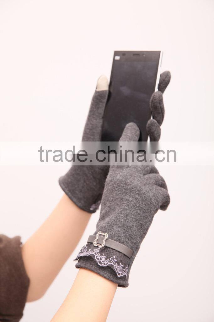New Autumn Winter Womens Touch Screen Gloves Winter Knit Velvet Warm Gloves Mittens Lace Side Design