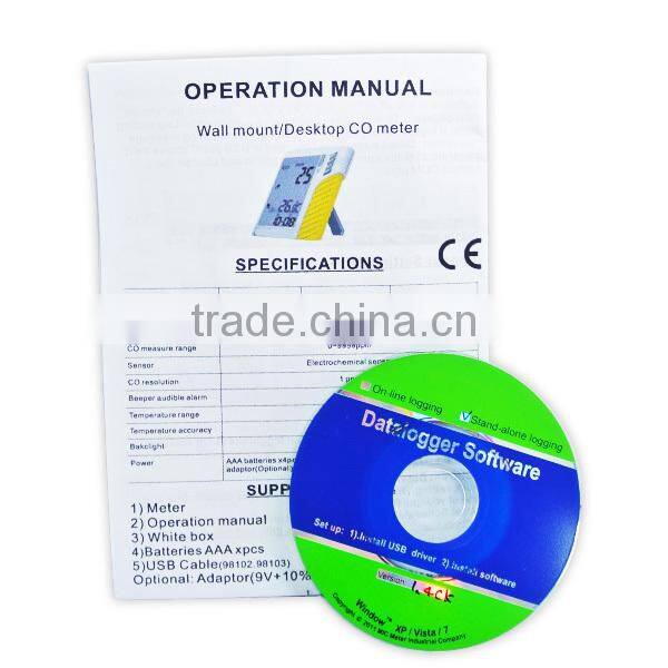 Made in Taiwan /0~999ppm Clock + 32000 points Digital Wall Mount/Desktop Carbon Monoxide CO Sensor Data Logger Monitor