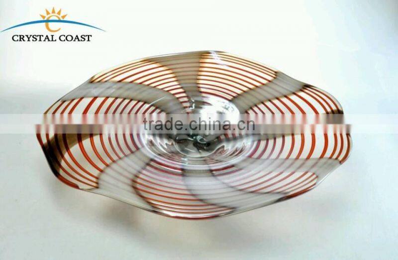 pink shell hand blown glass fruit plate with clear rim;Wholesale decorative hanging wall plates