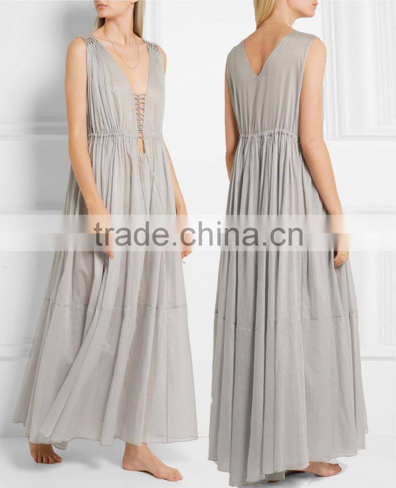 Sexy Flowing Cotton-mousseline Maxi Long Dress With Front Lace Up Western Dresses Names 2016 HSD5777