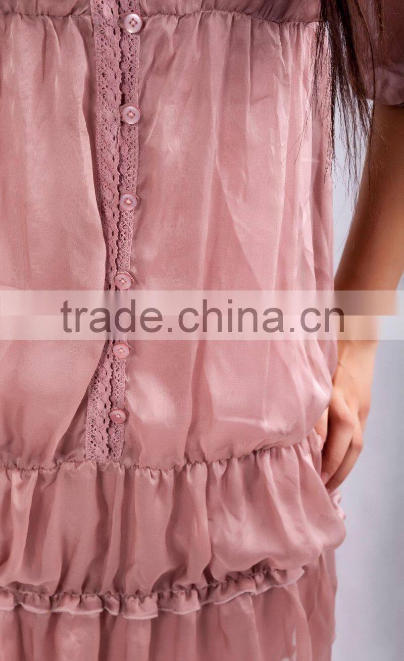New fashion Women V -neck pleated 100% silk dress for autumn 2015