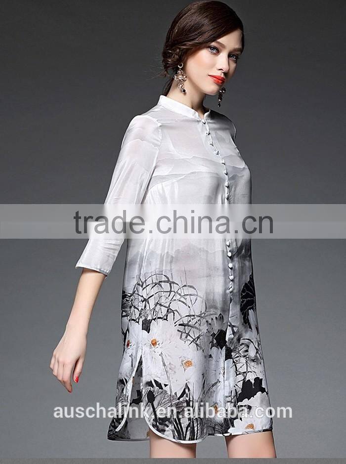 2016 newest summer woman white long chinese silk shirts OEM service