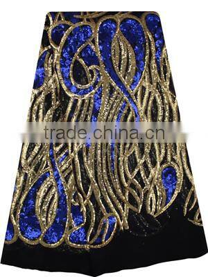 Bestwaytex FL0049 In Royal Blue Color French Cord Lace Silk Chiffon Fabric With Shiny Sequins