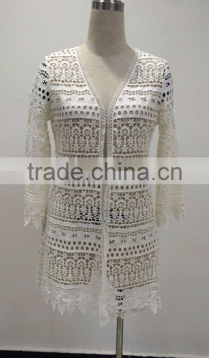 wholesale lady's fashion crochet cotton long sleeve summer beach kaftan top casual style