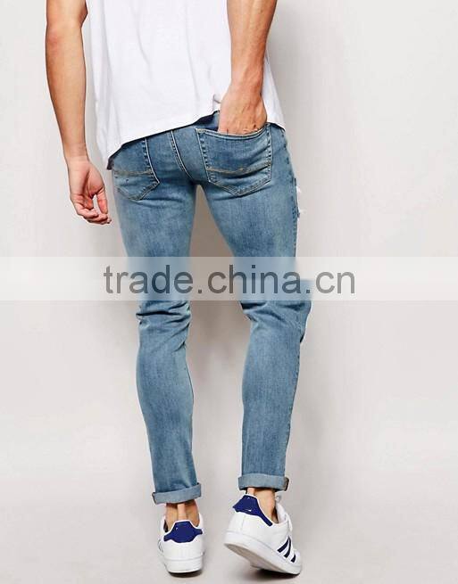 Slim Fit Straight Cut Knee Ripped Acid Wash Jeans Trousers for Men