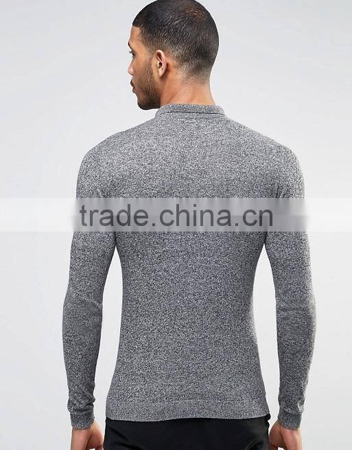 Mens Long Sleeve Tight Fit Knitted Polo In Black & White Twist guangzhou factory
