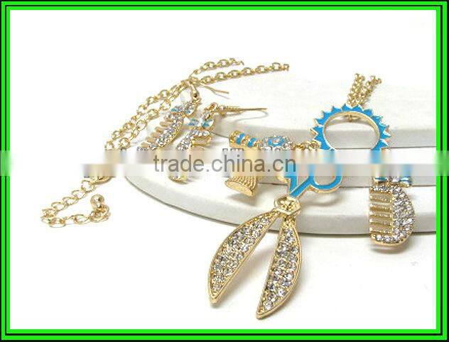 Double layer cameo pendant and scissors and pearl ring dangle necklace earring set