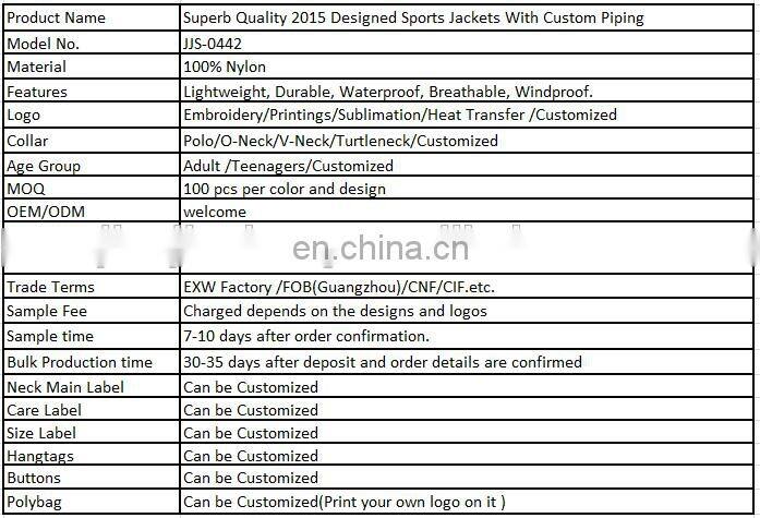 Superb Quality 2015 Designed Sports Jackets With Custom Piping