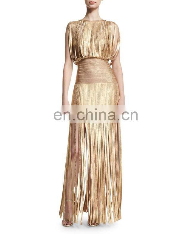 Amigo 2017 New Style Selena Foil Draped Bandage Dress Tassel Backless Bandage Gown Maxi Dress
