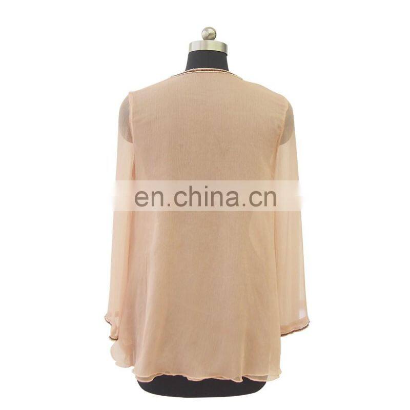 2016 latest fashion design women long sleeve round neck beaded chiffon blouse