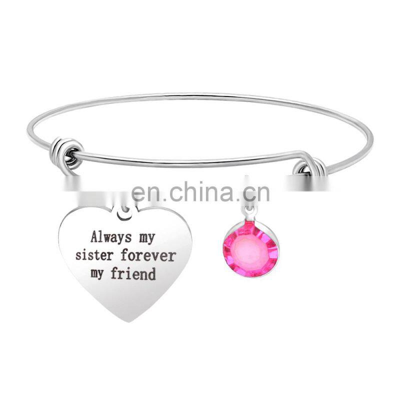 Newest Fashion heart Steel engraved any words bangle adjustable birthstone charm bracelet
