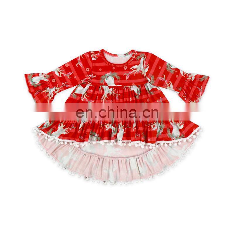Hot selling baby girl fashion top dress printed floral Christmas style high-low top pompom dress baby clothes
