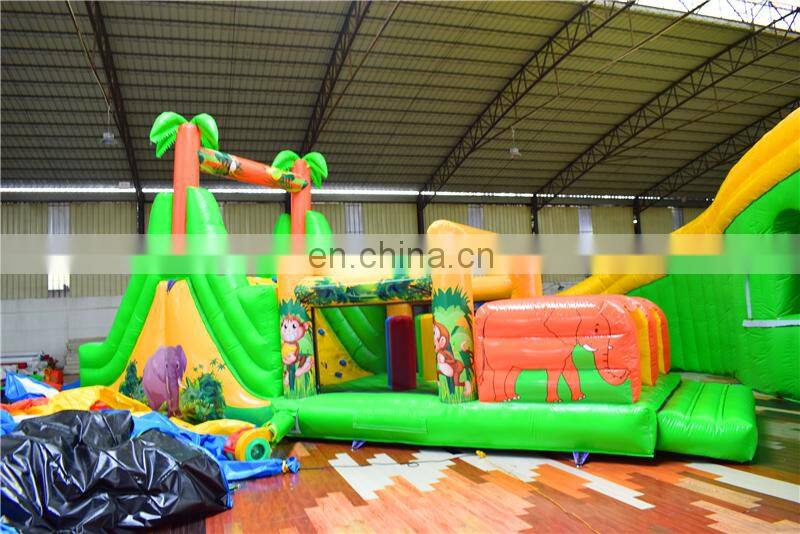 Kids outdoor air blow up assault course with Zoo theme