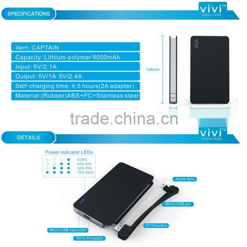 8000mah power bank with Dual USB Micro USB ap 8pin