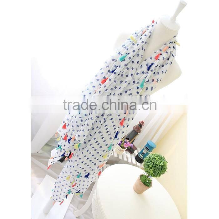 Hot Selling Korean Navy Star Printed Colorful Tassels Fashion Ladies Scarf