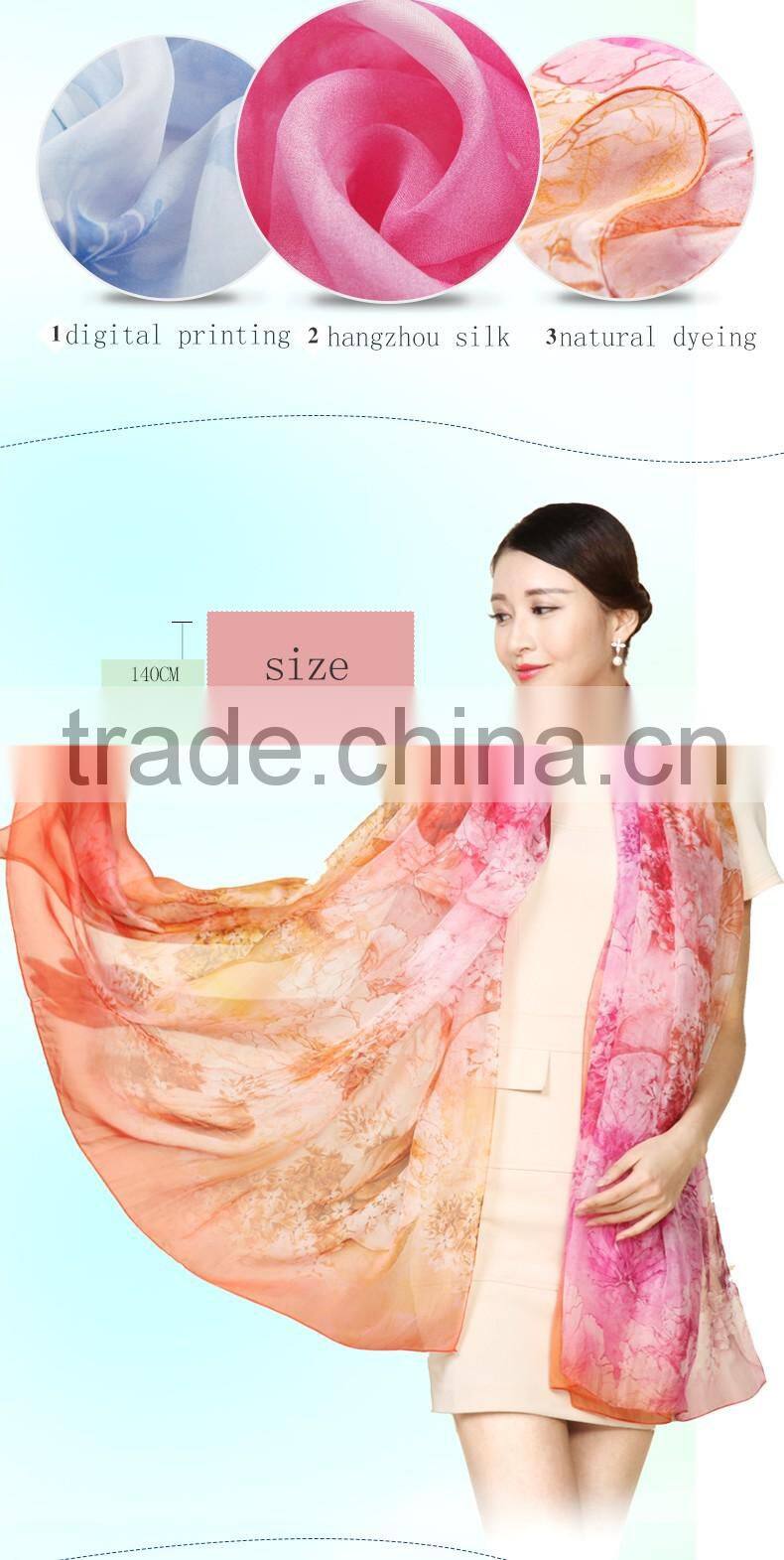 high quality scarf wholesale lady's elegant digital printed silk scarf, hangzhou silk chiffon scarves and shawls china