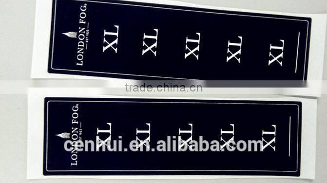 2015 factory customize black adhesive printed size sticker for clothing