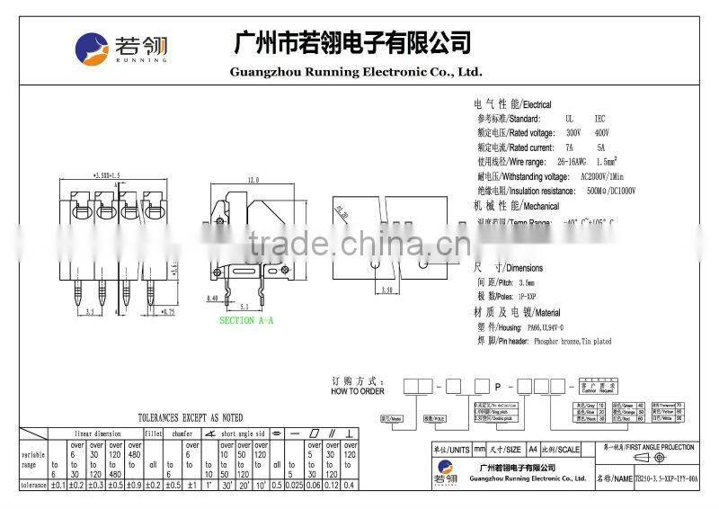Spring Clamp Terminal Connector Block, TB250 Pitch:3.5mm, 5.0mm,7.5mm.