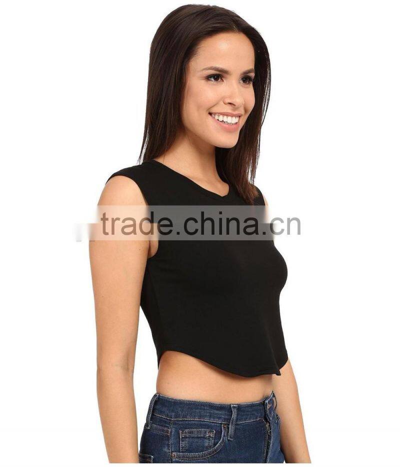 OEM 2016 Wholesale Womens Tank Knit High -Low Flat Spandex Stretch Tank Cropped Black Tank