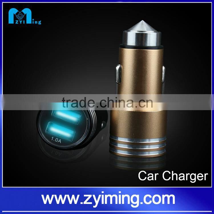 Zyiming newest design stainless steel car charger usb 5V 3.1A dual usb car charger for mobile phone and pad