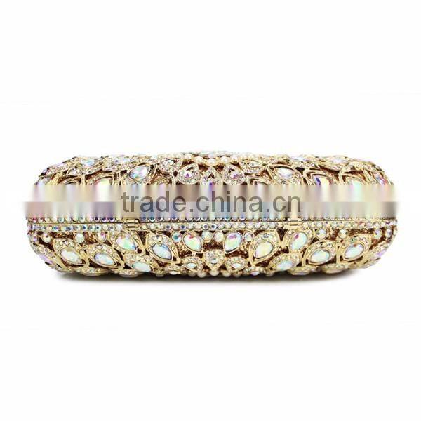 gold metal and AB color crystal evening clutch bag woman handbag ladies party bag (88162A-AB)