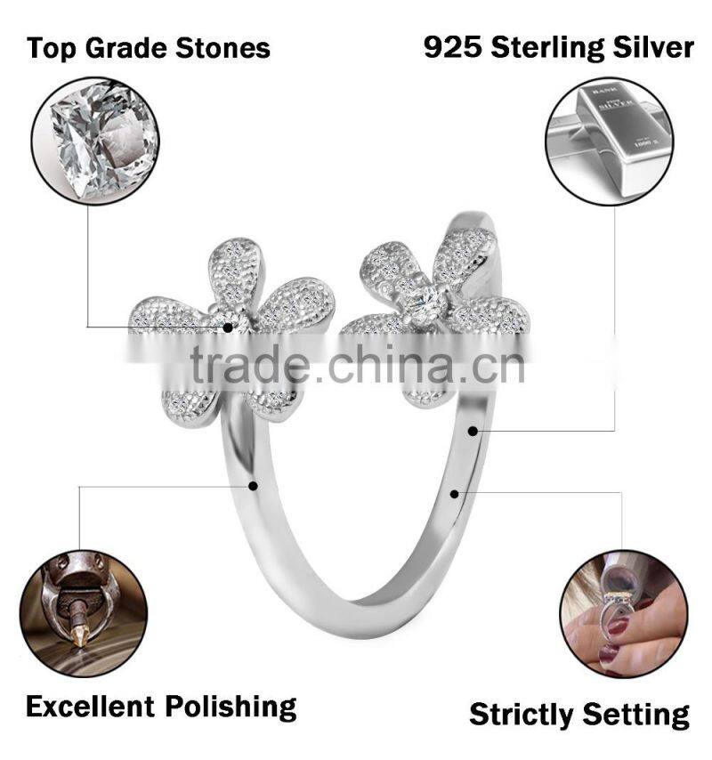 2015 fashion 925 sterling silver ring twins sunflower desing zircon pave setting open ring