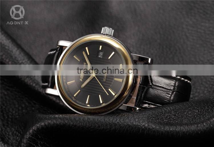 Golden Steel Case Black Dial Reloje Date Display Quartz Analog Leather Band Men Watch