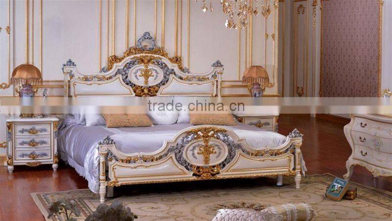Bisini Luxury King Size Bedroom Set, European Style Latest Antique Fashion Grey and Gold Bedroom Set