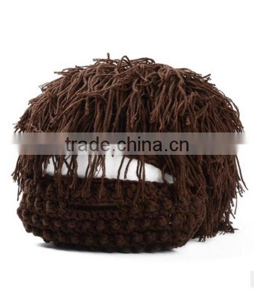 Men Barbarian Knit Crochet Hat Mad Scientist Wig Mustache Cap Beard Hat