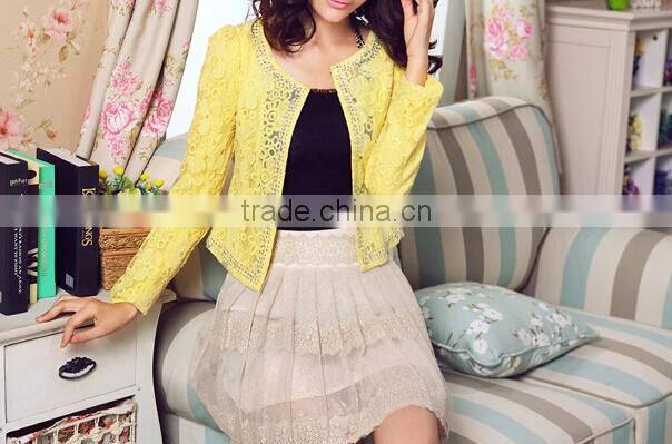 2015 ladies quality coat yellow sheer wholesale factory beaded coat
