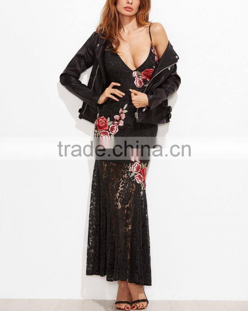 OEM Service Sexy Embroidered Rose Applique Overlay Fishtail Cami Dress Pictures Of Latest Long Gown