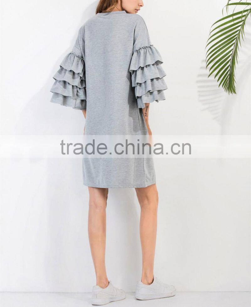 New Style Casual Straight Women Ruffle Sleeve Tee Dress Autumn Fashion Female Knee Length Grey Dresses