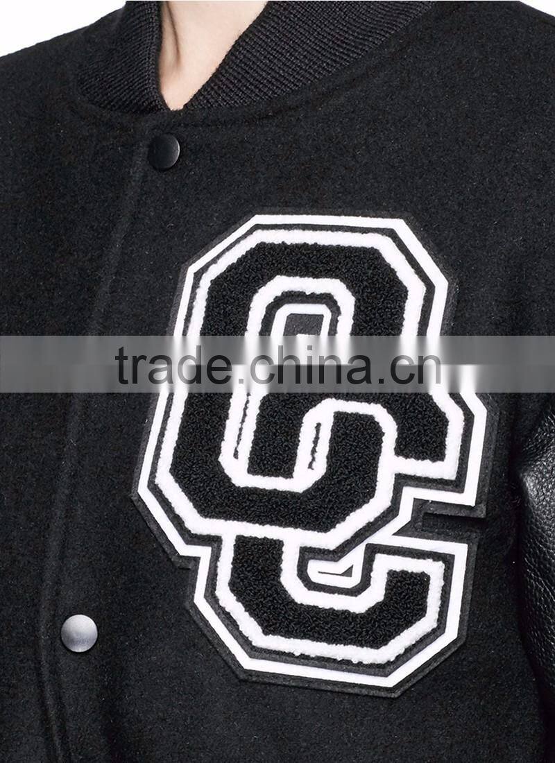 wholesale women custom black long varsity jacket with leather sleeves