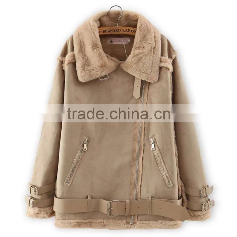 lady clothing garment manufacturer Lapel neck khaki nubuck leather jacket woman 2015