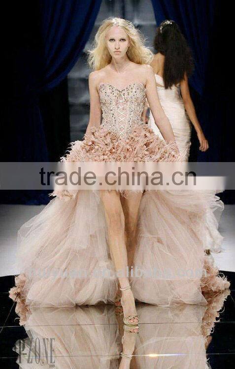 2014 newest deep v neck short front long back prom dress