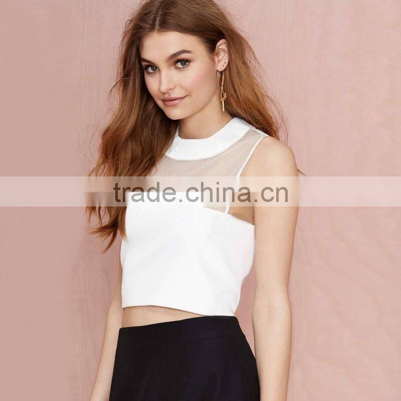 latest designs women summer mesh splicing sleeveless crop top woman clothes 2017