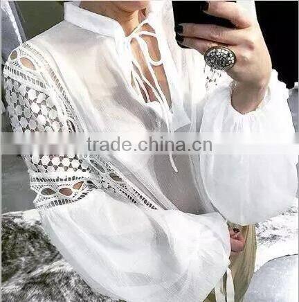 Runwaylover 126 Hot Sale 2017 Ladies Fashion Lace Transparent Chiffon Blouse